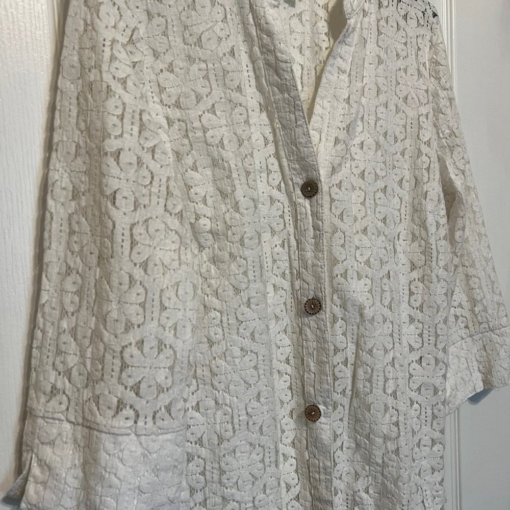 Rebecca Malone-cream, lace, v-neck button up, see thru over camisole top